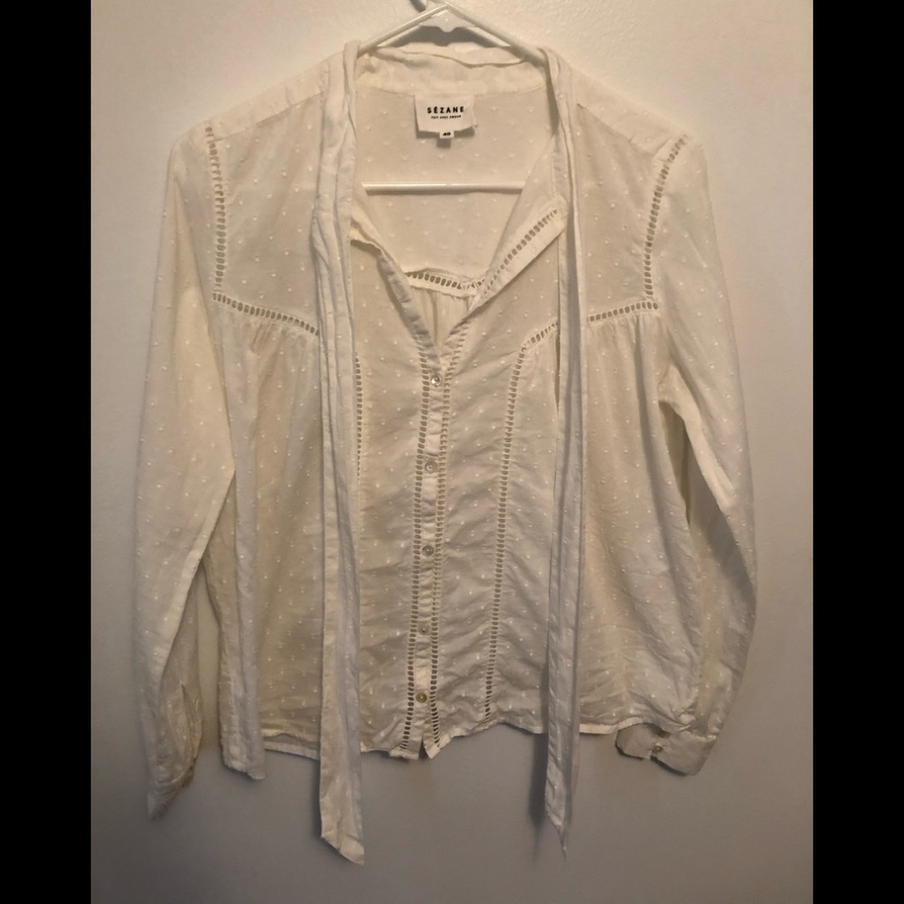 Sezane white blouse with bow tie detailing